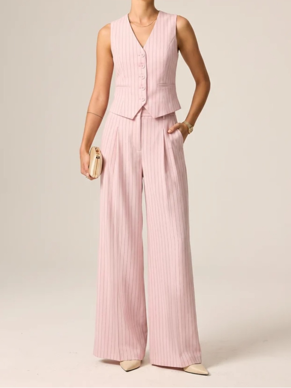 Commense Pinstriped Cotton Linen Vest & Pants Co-Ord 2 Piece Pink Set NEW Medium
